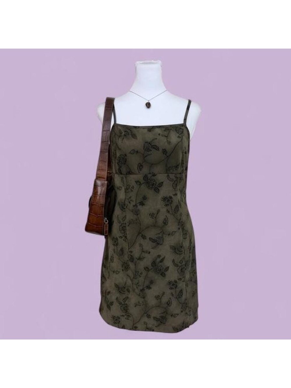 90s olive green floral whimsygoth mini dress